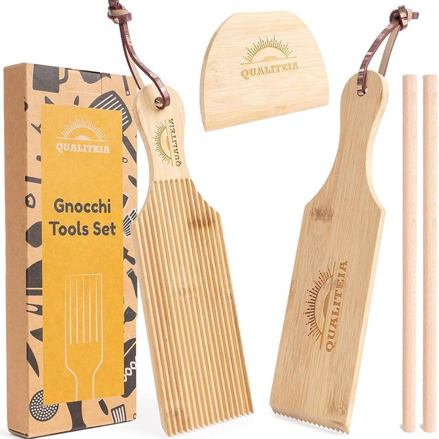 Gnocchi Board Set for Rolling Dough - 2 Pcs Paddles 2 Pcs Rollers 1 Pc Cutter - Bamboo Authentic Pasta Shaper Tools Butter Maker - Garganelli Cavatelli Tortellini Cavarola Roller (Model 1)