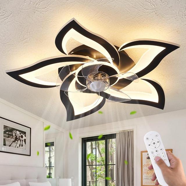 HuixuTe 24" Ceiling Fan with Lights Remote Control, 6 Speeds 3 Colors Geometric Ceiling Fan, Black Low Profile Ceiling Fan with Light for Kitchen Bedroom Living Room