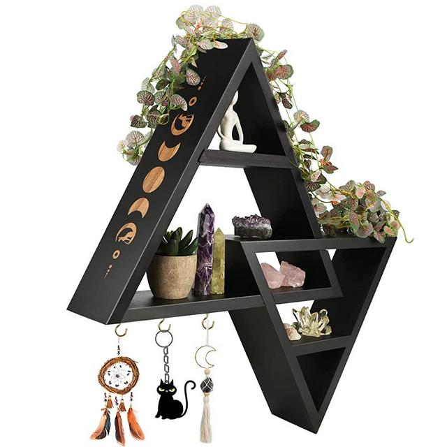 Moon Phases Triangle Shelf with Hooks, Wiccan Black Wood Crystal Shelves for Storage Jewelry Gem Stone, Pagan Pyramid Geometrical Boho Decor Holder Display for Altar Meditation Aesthetic Yoga Room