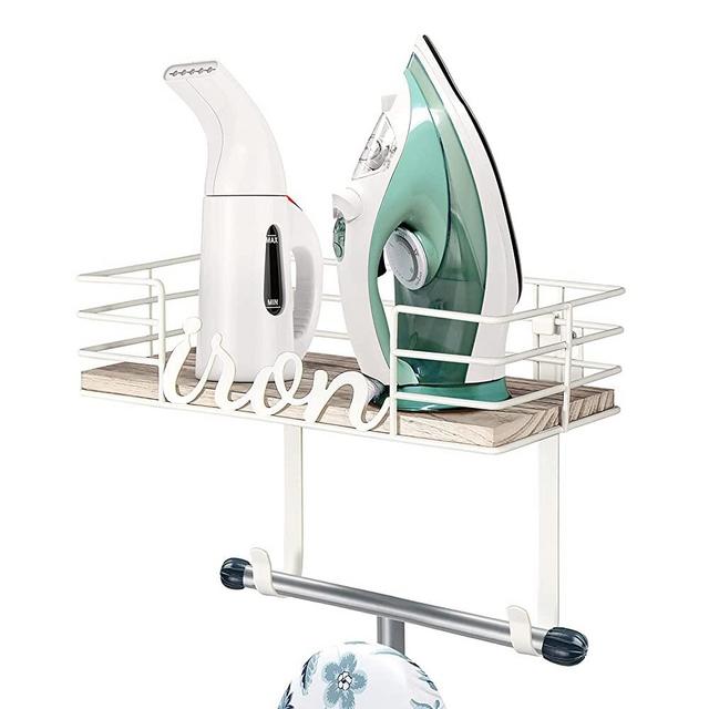 TJ.MOREE Ironing Board Hanger Wall Mount - Laundry Room Iron and Ironing Board Holder, Metal Wall Mount with Large Storage Wooden Base Basket and Removable Hooks (White)