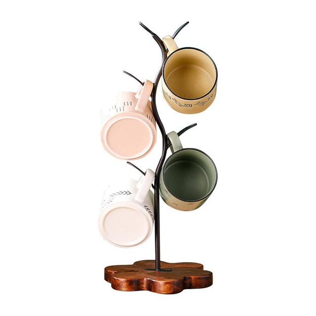 YarkeeSky Coffee Mug Holder, Mug Tree for Counter, Leaf Shaped Mug Tree with Wooden Base, Coffee Cup Tree Holder for Countertop, Mug Rack Countertop, Coffee Counter Bar Accessory & Kitchen Organizer