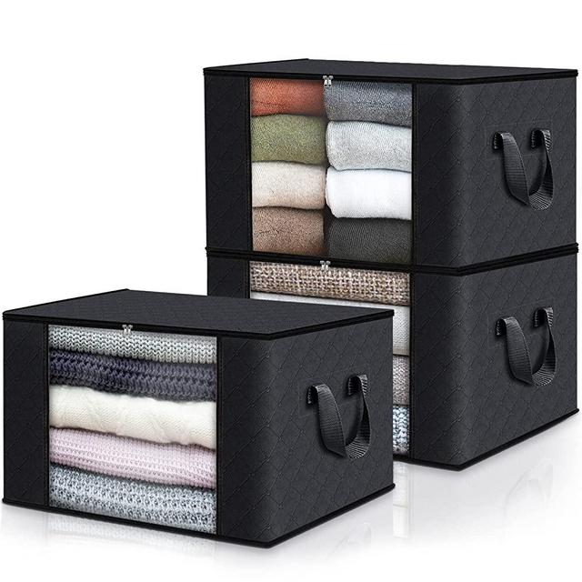 Fab totes 3-Pack Clothes Storage, Foldable Blanket Storage Bags, Storage Containers for Organizing Bedroom, Closet, Clothing, Comforter, Organization and Storage with Lids and Handle, Black