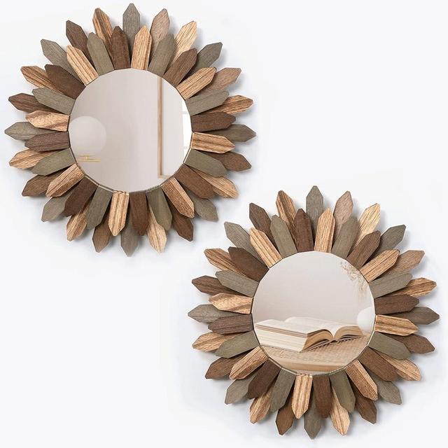 Honiway Boho Wall Decor Mirror 2 Pack 12 inch Rustic Wood Decorative Mirror for Wall Decor Room Decor Rustic Wall Decor Farmhouse Decor for Bedroom Bathroom Living Room Entryway Tril Color