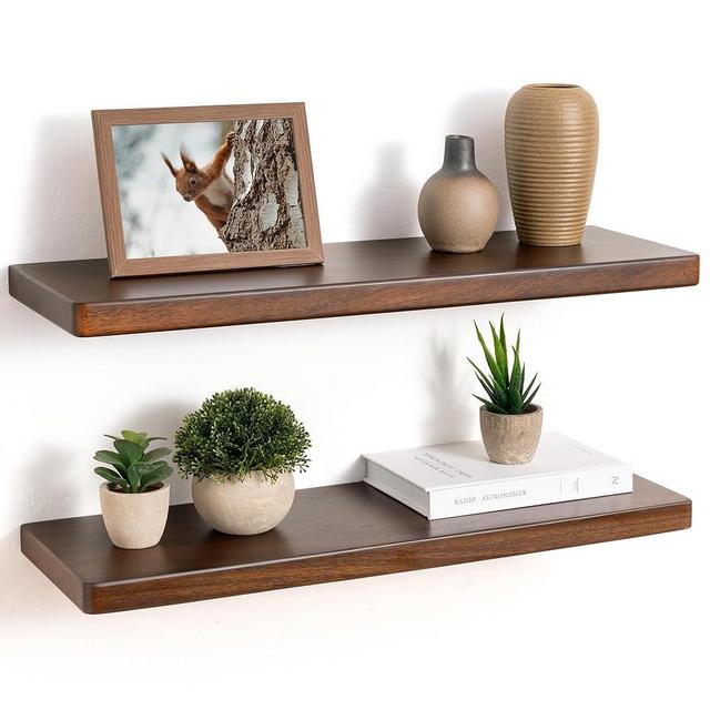 24" Rustic Walnut Wood Floating Shelves, 8 Inch Deep Wall Shelves for Home Decor, Wall Mounted Floating Shelf with Invisible Bracket, Heavy-Duty Storagefor Living Room, Bedroom, Kitchen, Set of 2