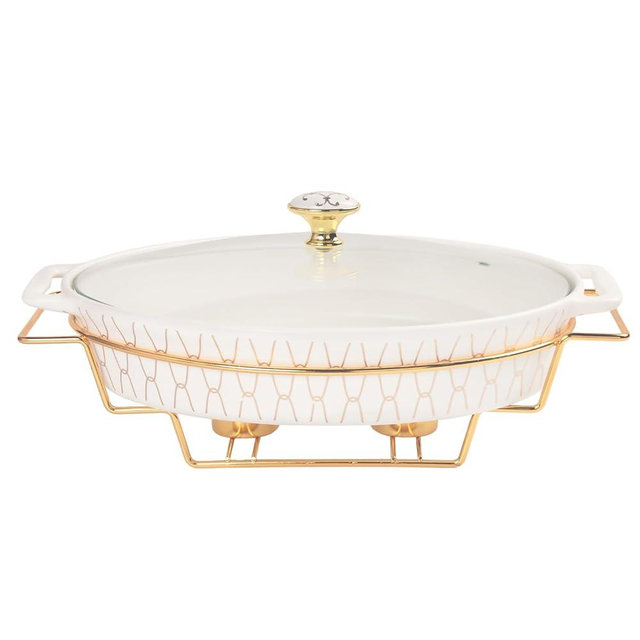 jinsongdafa Ceramic Casserole Dish with Glass Lid and rack, 54 ounce Serving Soup Tureen,Chafing Dish for Buffet, Family Food preserve Tray, Catering Casserole for Party Style, White 14.2 Inch Oval