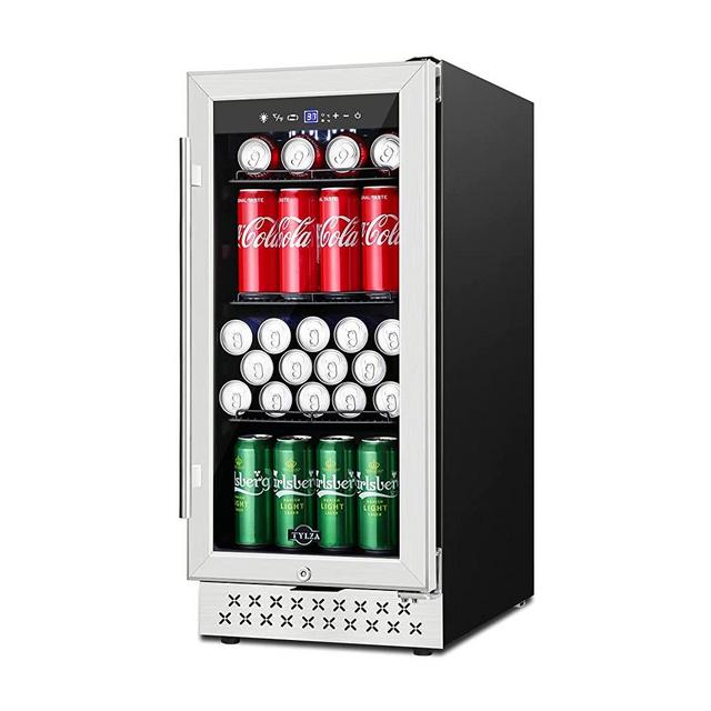 15 Inch Beverage Refrigerator Cooler Under Counter, 130 Can Beverage Fridge Built-in or Freestanding with Glass Door for Soda Beer Wine or Water, 37-64℉
