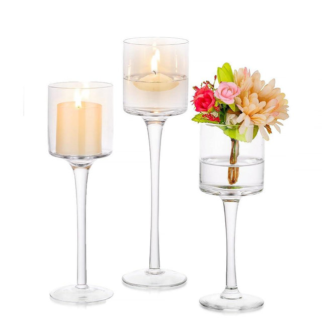 Glass Candle Holder for Table Centerpiece - Tall Tea Lights Candle Holder, Elegant Clear Long Stem Candle Holders for Pillar Candles, Floating Candle Holder for Wedding, Party, Home Decor, Set of 3