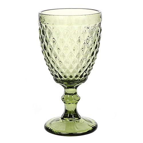 Wine glass, Colored Glass Goblet, 6oz/10oz Vintage Pattern Embossed High Clear Glass Goblets for Party, Wedding,Diamond/ Green/ 10oz
