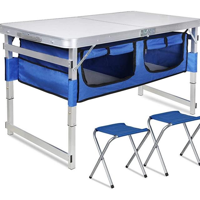 Folding Camping Table with Storage - Portable Outdoor Aluminum Picnic Tables with Organizer and 2 Chairs, 3 Adjustable Heights, Lightweight Dining Table for Camp Beach Party BBQ