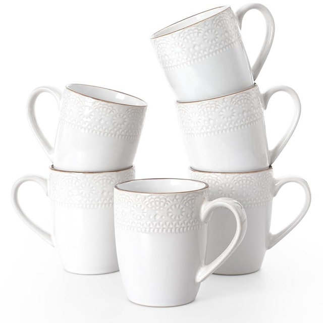 famiware Coffee Mugs Sets for 6, 14 oz Mug Set, Coffee Cups with Handle for Coffee, Tea, Cocoa and Milk, Microwave and Dishwasher Safe, White Floral