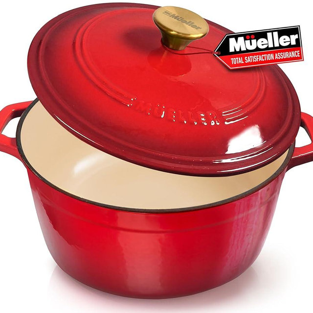 MÜELLERHOME 7.5 QT Enameled Cast Iron Dutch Oven, Heavy-Duty Casserole Dish and Braiser Pan with Lid and Stainless Knob, Oven-Safe up to 500° F & Across All Cooktops, Red