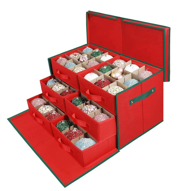 sibada Large Christmas Ornament Storage Box with 6 Drawer Style Trays Fits 54 of 4" Ornament Balls - Side Opening, Christmas Container Perfect for Holiday Decorations, 600D Oxford Fabric Tear-Proof