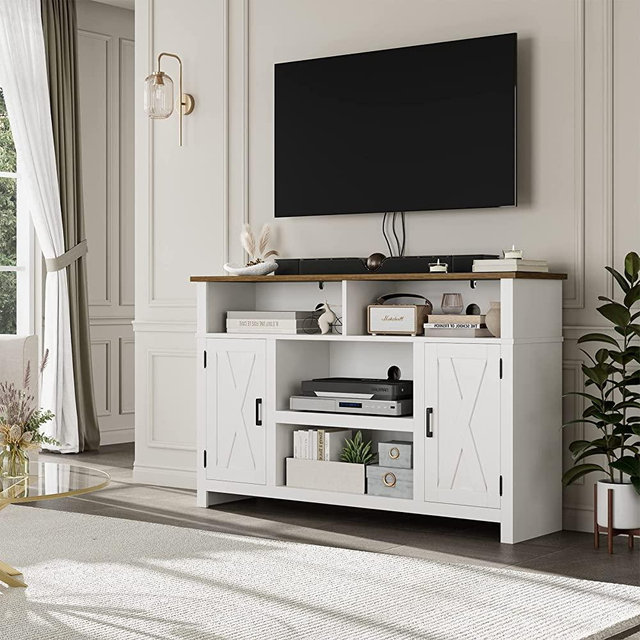 HOSTACK Barn Door TV Stand for TVs Up to 65", Modern Farmhouse Wood Entertainment Center, Media Console Table with Storage Cabinet & Adjustable Shelves, TV Console for Living Room, White