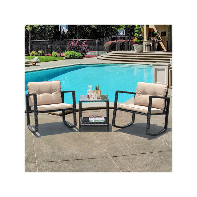 Costway 3PC Patio Rattan Conversation Set Rocking Chair Cushioned Sofa Garden Furniture