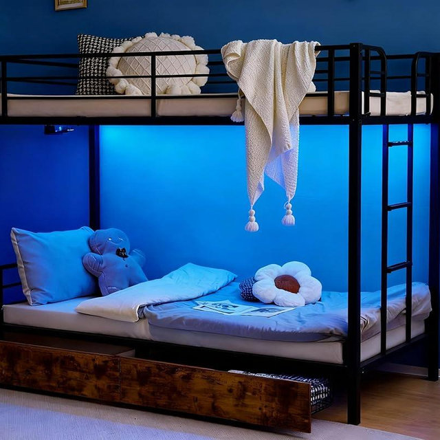 VINGLI Metal Bunk Bed Frame Twin Over Twin with 2 Drawers, LED Lights, Non-Slip Ladder, Full Length Guardrail, Charging Station, for Kids, Teens & Adults, Space-Saving, No Box Spring Needed, Black