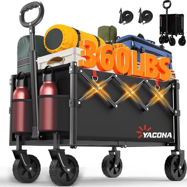 YACONA Wagons Carts Foldable, Lightweight Portable Utility Shopping Cart with Wheels, Folding Grocery Wagon Cart for Grocery, Camping, Shopping, Beach, Garden, Sports Black