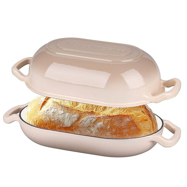 VORRINGARD Enameled Cast Iron Sourdough Bread Oven, Dutch Oven, Loaf Cast Iron Bread Pan for Homemade Bread Baking Pan with Lid, 5QT, Latte