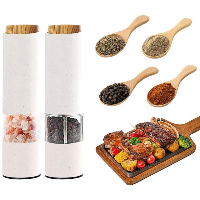 MEHIDFY Electric Salt and Pepper Grinder Set, 2 Pack Salt and Pepper Grinder Battery Operated, One-Handed Automatic Salt and Pepper Mill Grinder with LED Light, Adjustable Coarseness (White)