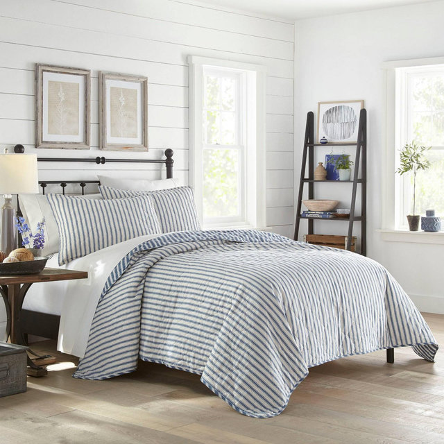 Twin Willow Way Ticking Stripe Quilt & Sham Set Navy - Stone Cottage: Coverlet, Pre Washed, Diamond Quilting