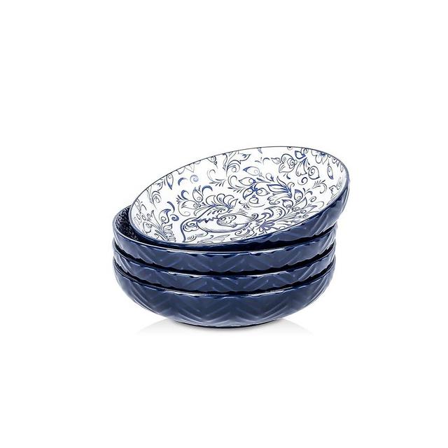 Selamica Ceramic Pasta Bowls Set 35 OZ, Large Salad Bowls 8.5 Inch Embossed Pasta Plates Bowls for Kitchen, Shallow Soup Bowls Serving Bowls, Microwave & Dishwasher Safe, Set of 4, Blue