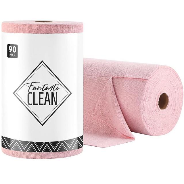 Fantasticlean Microfiber Cleaning Cloth Roll -90 Pack, Tear Away Microfiber Towels, 12" x 12", Reusable, Washable, Scratch Free, Ultra Absorbent Dishcloth for All-Around Cleaning Supplies (Pink)