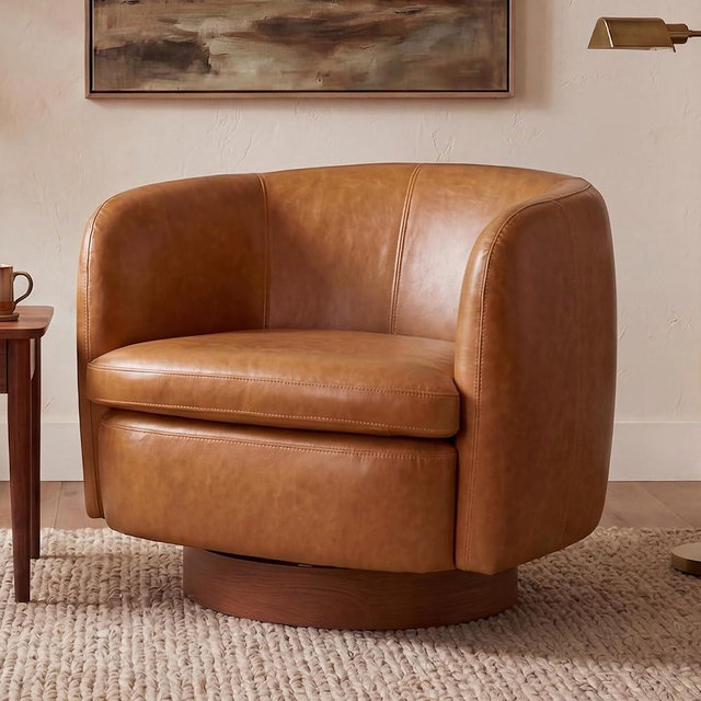 Mistpeople Swivel Barrel Accent Chair, 360° Rotating Small Single Sofa Chair, Upholstered Round Armchair with Solid Wood Base, Modern Comfy Mini Sofa for Living Room, Bedroom, Office, Brown