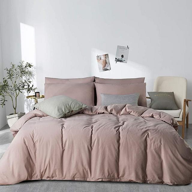 JELLYMONI Pink 100% Washed Cotton Duvet Cover Set, 3 Pieces Luxury Soft Bedding Set with Zipper Closure. Solid Color Pattern Duvet Cover Cal-King Size (No Comforter)