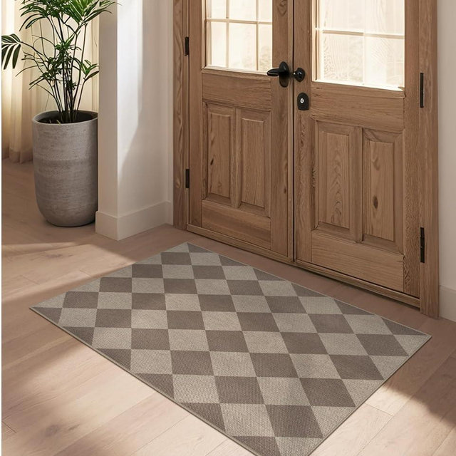 Rugalia Easy Jute Checkered Entryway Rug, 2.6x4 Brown Modern Indoor Outdoor Doormat, Washable Non-Slip Neutral Kitchen Rug Farmhouse Diamond Throw Rugs for Entrance Bedroom Bathroom