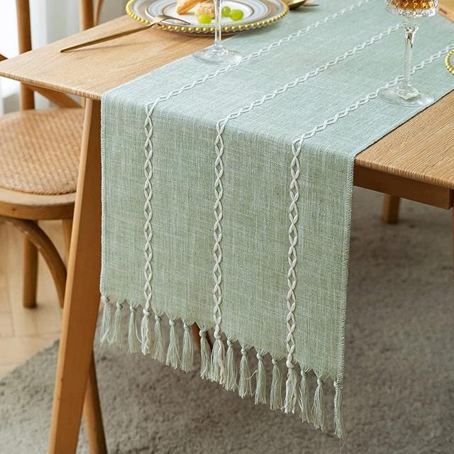 ZeeMart Farmhouse Table Runner, Rustic Table Runners 48 Inches Long, Linen Boho Table Runner, Braided Striped Green Table Runner for Dining Party Holiday, 15x48 Inches, Braided Desert Sage