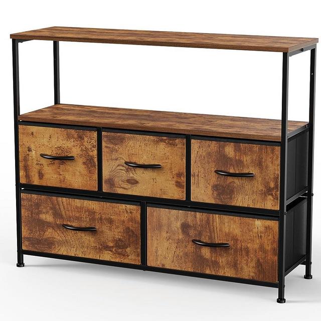 TV Stand - Dresser for Bedroom Entertainment Center with 5 Fabric Drawers Media Console Table for TV Organizer Storage Drawers, Steel Frame with Open Shelf, Wood Top for Bedroom, Closet, Entryway