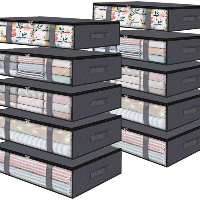 StorageRight Under Bed Storage Bags 10 Pack, 40L Large Clothes & Comforter Storage Containers with Clear Window, Breathable Fabric Organizer for Blankets, Bedding, Seasonal Clothing, Grey