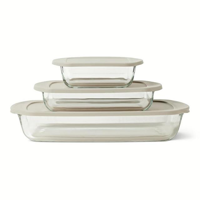 Amazon Basics Glass Baking Dishes with BPA-Free Lids, 6-Piece Set, Borosilicate Glass, Dishwasher and Oven-Safe, Linen Gray