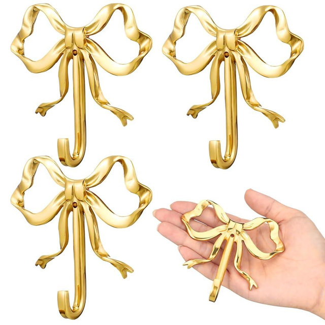 Lineshading 4 Pcs Gold Bow Knot Hooks Brass Bow Wall Door Hanger Towel Hooks Brass Coat Hanger Decorative Holder for Wedding Bathroom Living Room Kitchen Decor (L)