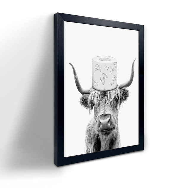 Toilet Paper On Head,Black Framed Funny Animal Prints, Vintage Black and White Rustic Style Cute Bathroom Cow Canvas Art Poster for Bathroom Restroom Decoration, Farmhouse Wall Decor
