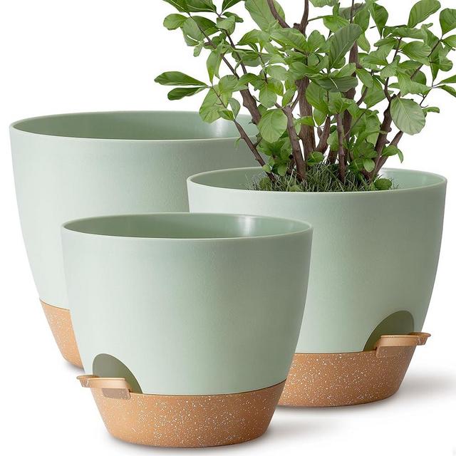 TYMENSH Plant Pots 12/10/9 inch Set of 3, Self Watering Flower Pots Indoor Outdoor, Planters with Drainage Hole Saucer Reservoir, Green
