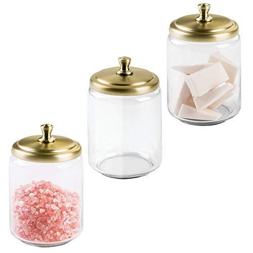 mDesign Modern Glass Bathroom Vanity Countertop Storage Organizer Canister Apothecary Jar for Cotton Swabs, Rounds, Balls, Cosmetic Sponges, Makeup Blenders, Bath Salts - 3 Pack - Clear/Soft Brass