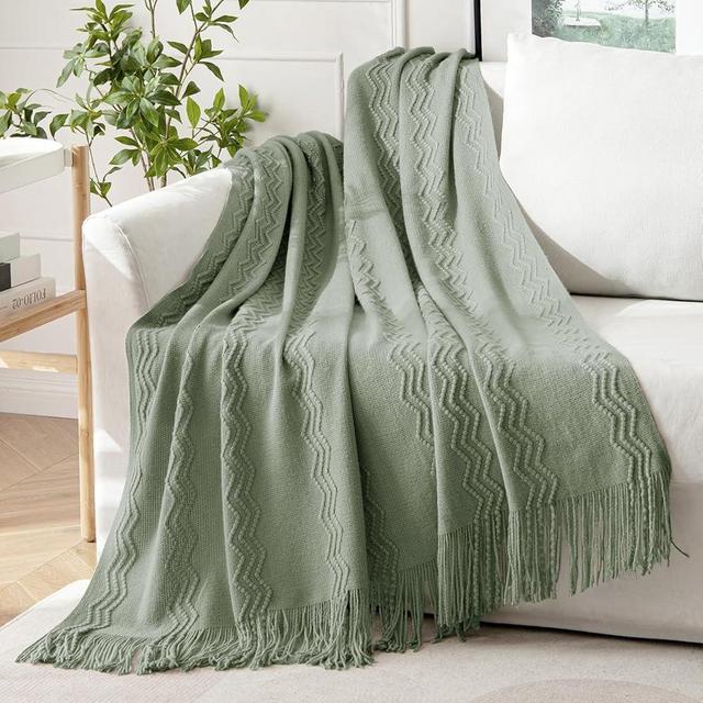 MIULEE Sage Knitted Throw Blanket for Couch Textured Knit Blanket with Tassels Cozy Woven Boho Bed Blanket for Sofa Bed Chair Acrylic Wave Pattern 50"x60"