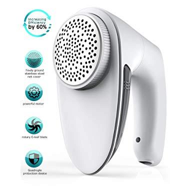 Sweater Fabric Shaver Lint Remover - Upgraded Fabric Defuzzer Rechargeable Electric Lint Fuzz Pills Remover with Quandruple Protection & 2 Replaceable 6-leaf Blades, Trimmer Effectively Faster by 50%