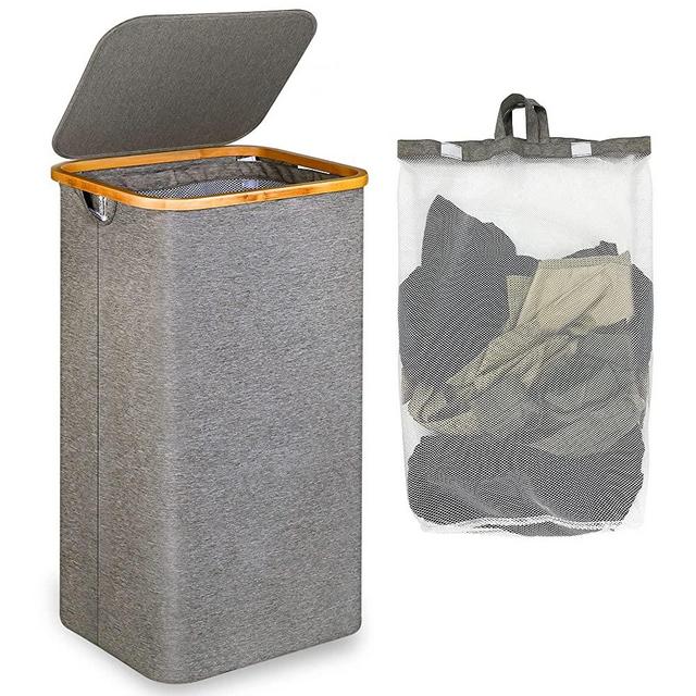 efluky Large Laundry Basket with Lid, 100L Tall Laundry Basket with Bamboo Handles for Clothes and Toys Storage, Freestanding Collapsible Laundry Hamper with Inner Bag for Bedroom and Bathroom