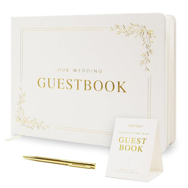 Modern Album Designs Floral Embossed Wedding Guest Book Set - 9 x 7.5 Hardcover Guestbook for Wedding Reception Sign in, Messages, Bridal Shower Engagement Party (White Cream)