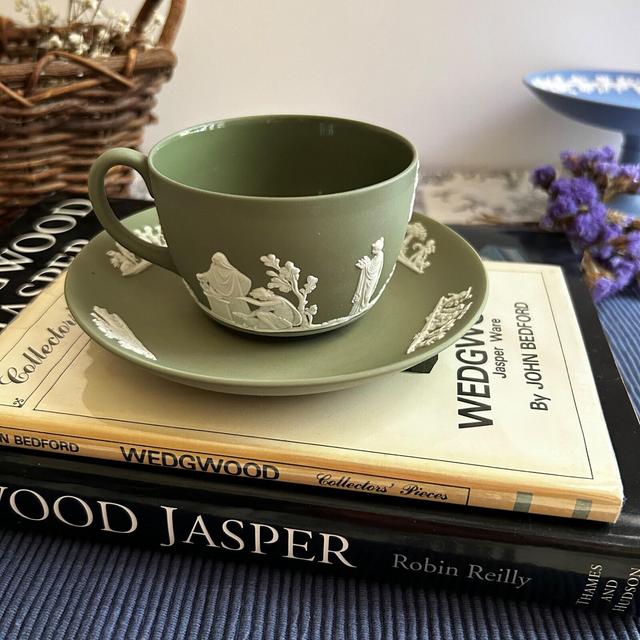 Vintage Wedgwood Jasperware Rare Cup and Saucer in Sage / Olive Green with Neoclassical Grecian-themed motifs