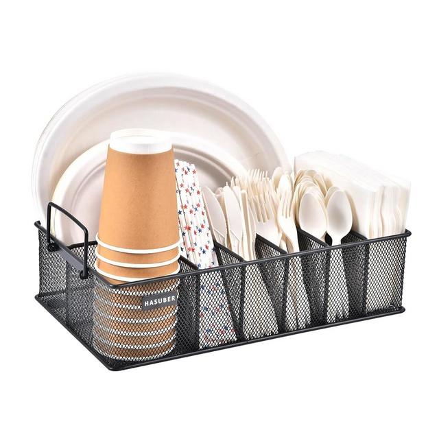 Paper Plate Organizer with Handle, Metal Silverware Caddy for Kitchen Counter, Utensil Caddy Organizer with 7 Compartments for Plate, Cup, Napkin, Paper Plate Dispenser Caddy for Party, Picnic