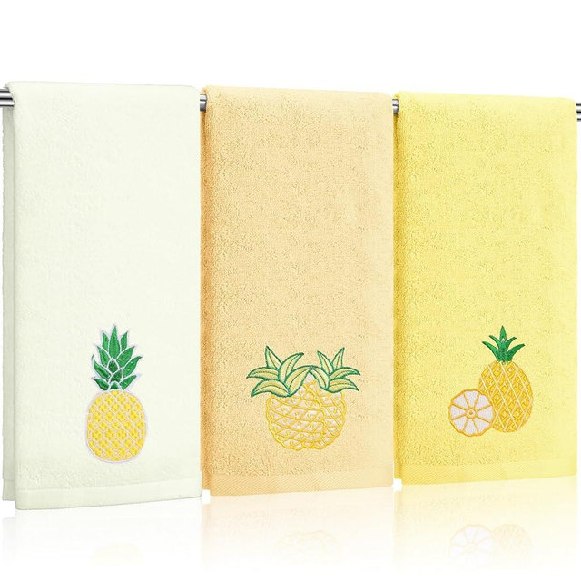 Tingjoo 3 Pcs Pineapple Hand Towels 14x29 Inch Spring Summer Farmhouse Yellow Pineapple Cotton Embroidered Soft Absorbent Bathroom Decor Towels for Bathroom Kitchen