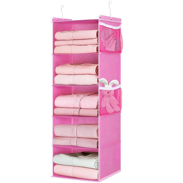 MAX Houser 5-Shelf Hanging Closet Organizer, Hanging Storage Shelves with 4 Side Pockets Space-Saving for Bedroom, Foldable (Pink)