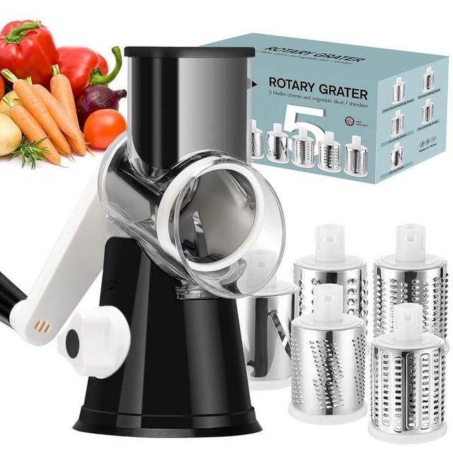 Ourokhome Rotary Cheese Grater Hand Crank, Kitchen Shredder Speed Mandolin Slicer Ice Shaver with Handle and Drum Blades for Cheese, Vegetable, Nuts, Chocolate, Potato, Carrot, 5 Blades, Black