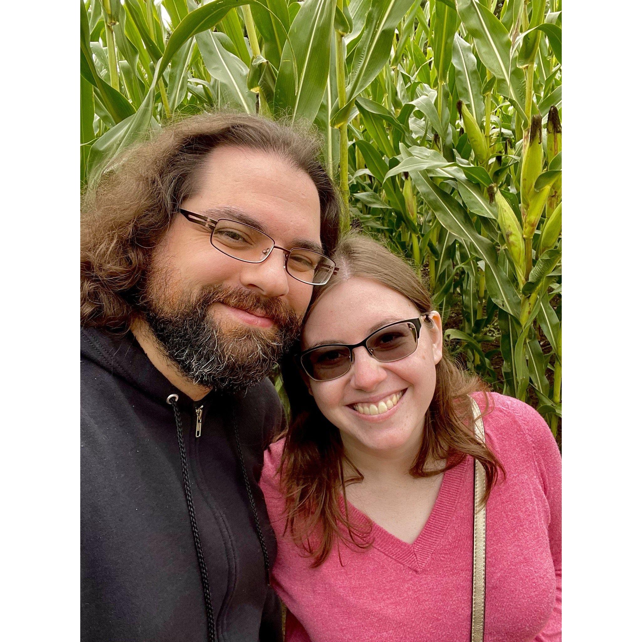Our first "cute couple selfie" a the Sauvie Island Pumpkin Patch's corn maze in October, 2022. We'd been dating for less than 1 month.