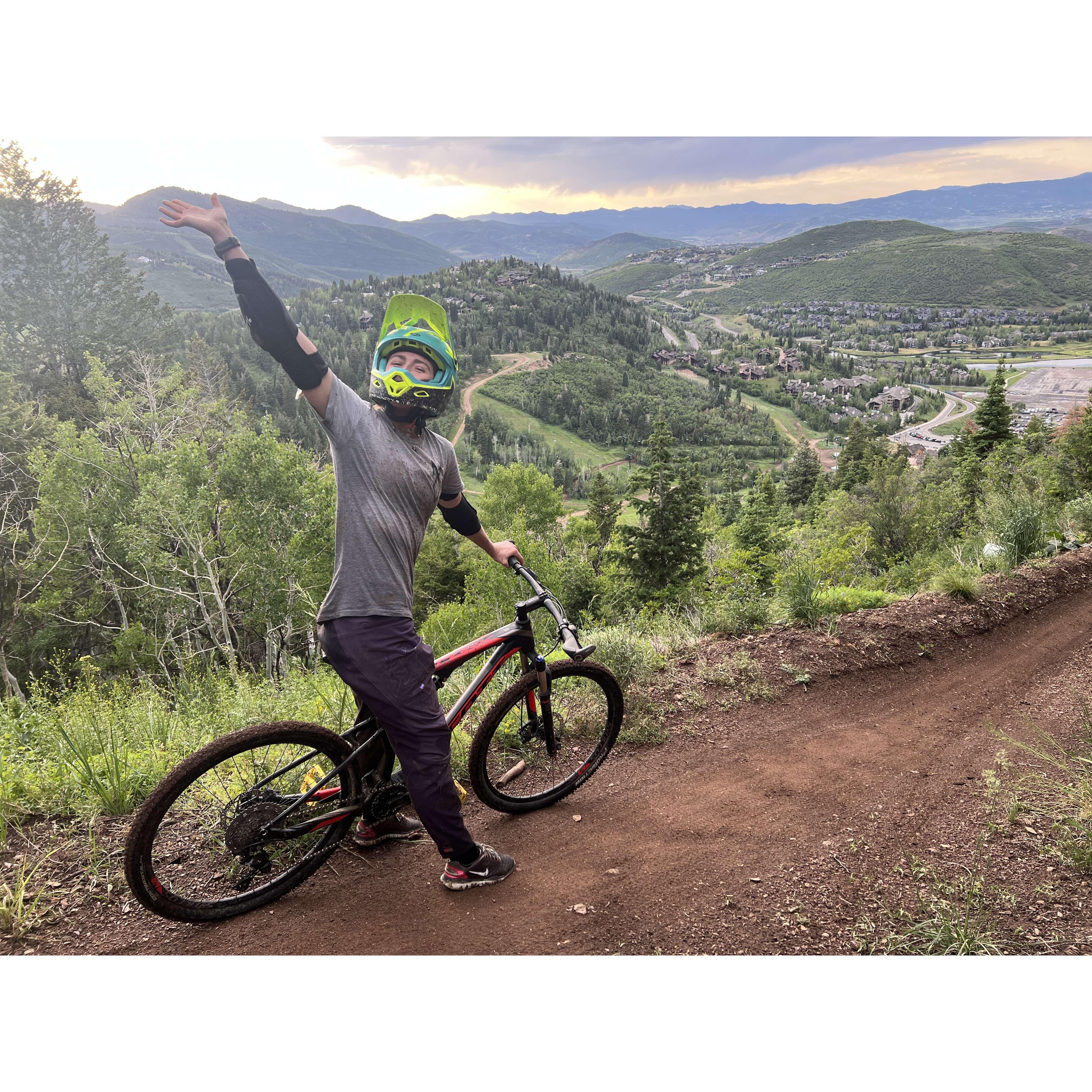 Ginny jumping on the mountain biking train.