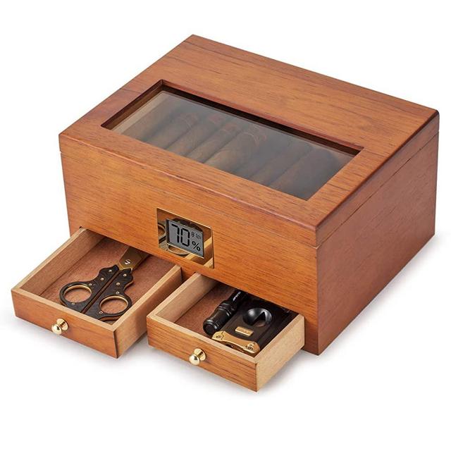 XIFEI Cigar Humidor with High Precision Front Digital Hygrometer Humidifier Gel,All Made by Spanish Cedar Wood (Holds Up to 25-50 Cigars)