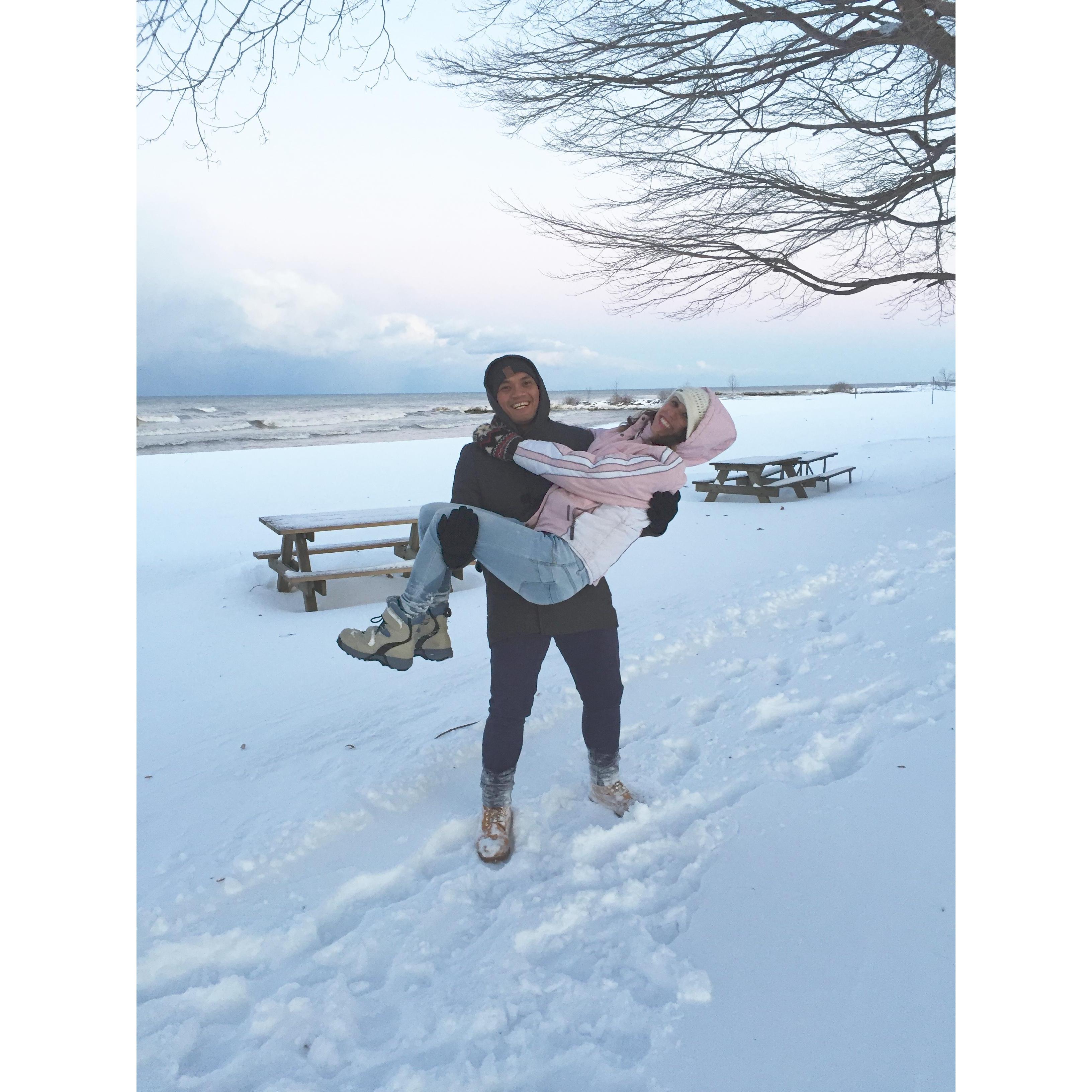 Playing in the snow on Christmas day at Hamlin Beach (hopefully it will be a bit warmer on the wedding day!)
