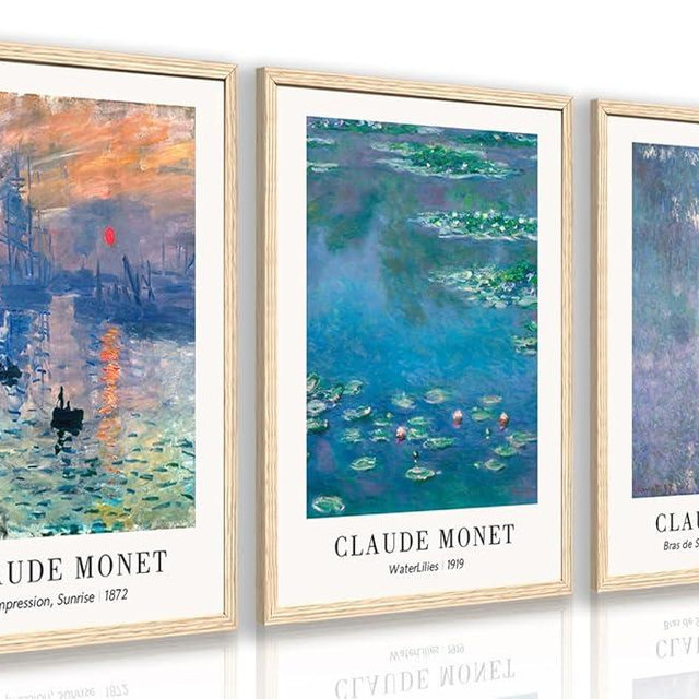 Cyebmo Vintage Botanical Wall Art Set of 3, Claude Monet Water Lilies Art Prints, Impression Sunrise Water Lilies Seine River Poster Prints for Living Room Bedroom Bathroom Wood Framed 12"x16"x3